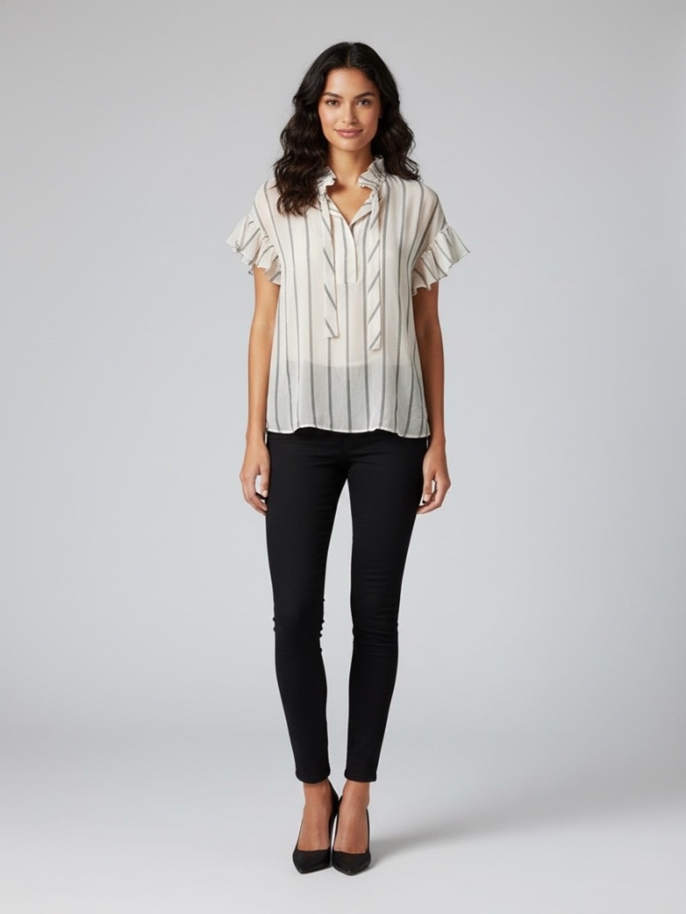 Sandro Paris Striped Blush-Tinge Short-Sleeve Blouse with Tie Detail Size M